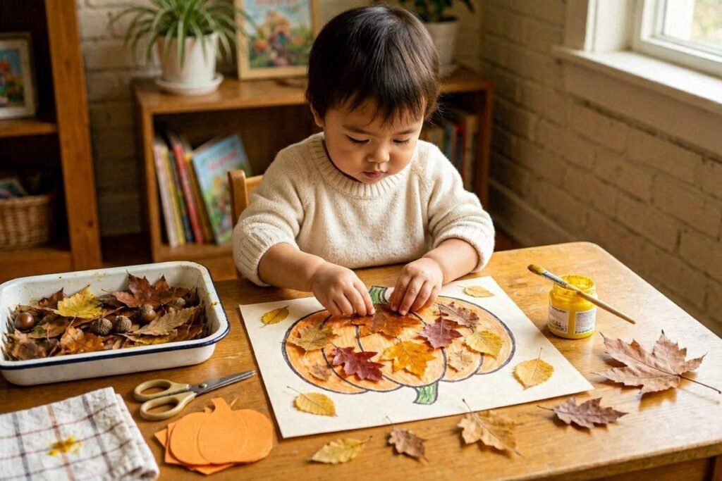 Toddler gluing fall leaves onto pumpkin shape drawing for nature pumpkin craft