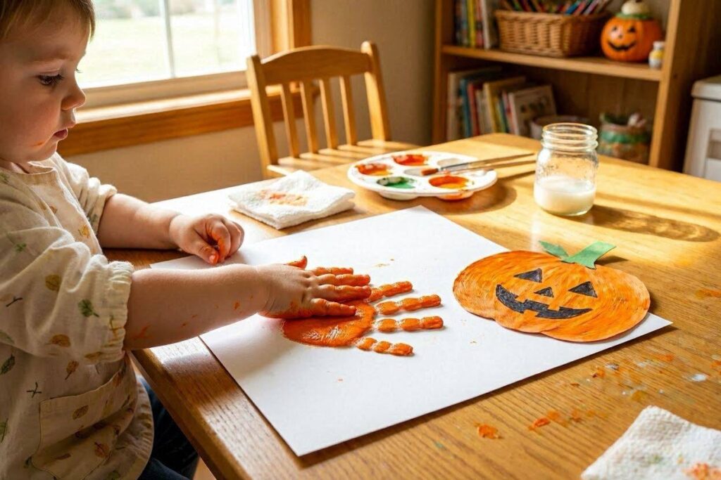  Toddler making pumpkin handprint craft with orange paint on white paper