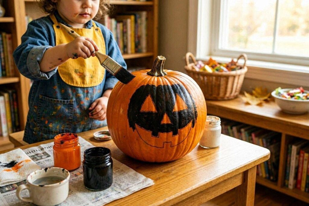 No carve pumpkin painting Halloween activity for toddlers