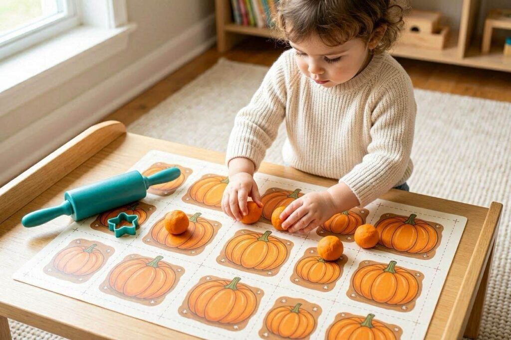 Toddler rolling orange playdough balls on a pumpkin patch printable mat