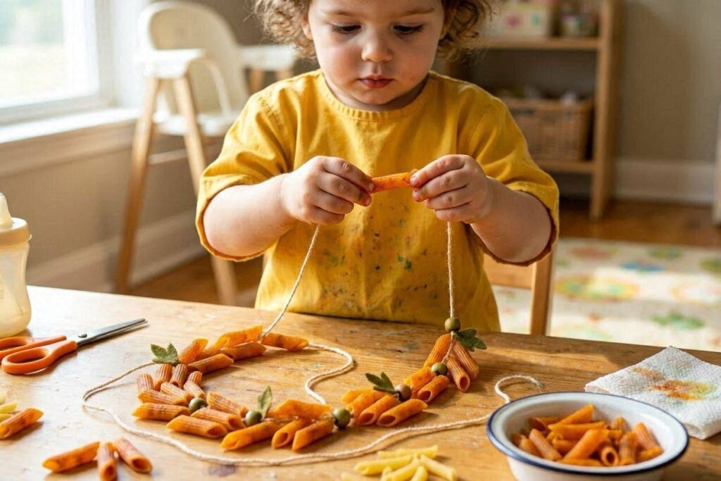 Toddler threading orange-dyed pasta onto yarn to make pumpkin necklace 