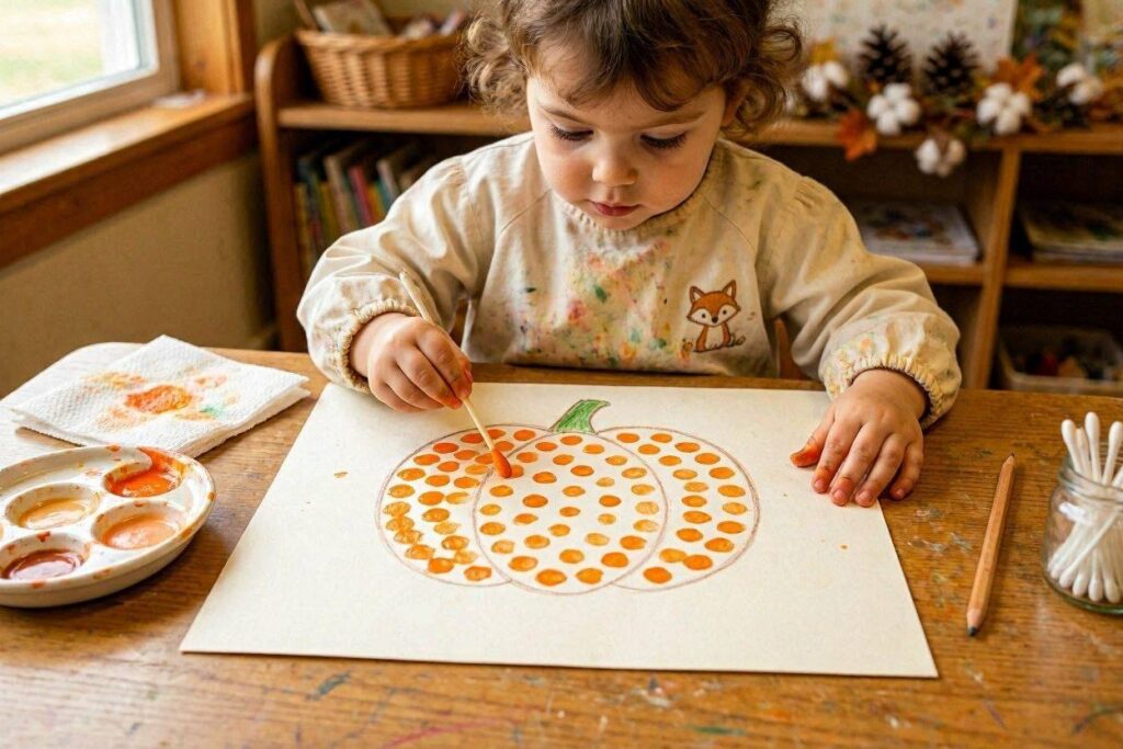 Toddler using Q-tips to dot paint a pumpkin shape with orange paint
