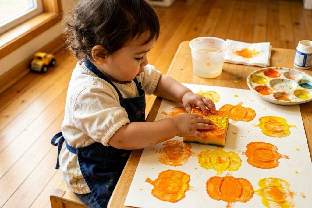 Toddler using sponge to paint pumpkin shapes in orange and yellow 