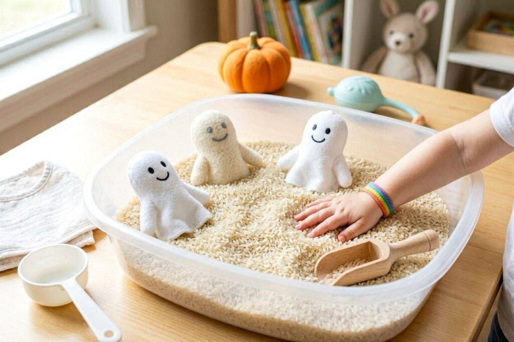 White rice Halloween sensory bin with ghost figures for toddlers