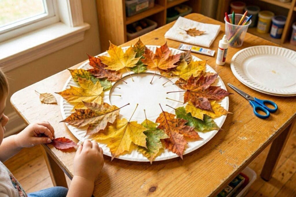 paper plate fall leaf wreath craft for toddlers