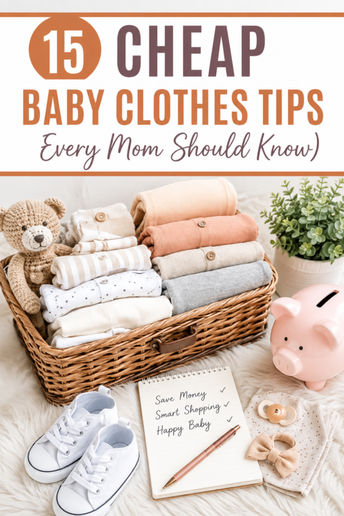 Colorful baby clothes hanging in a thrift store, one of the best ways to save money on baby clothes