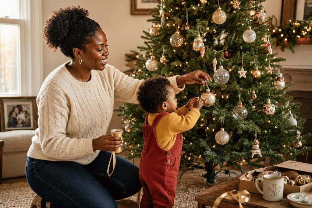 mom and toddler decorating for Christmas together hanging ornaments