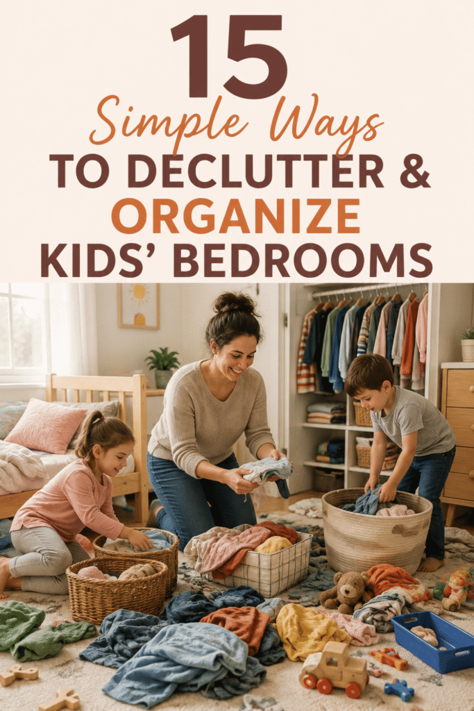 Mom and daughter sorting toys together to keep a bedroom organized