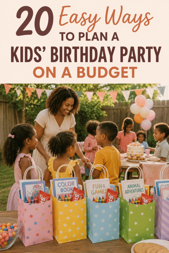 Small colorful birthday party goody bags with books, crayons, and candy sitting on a table