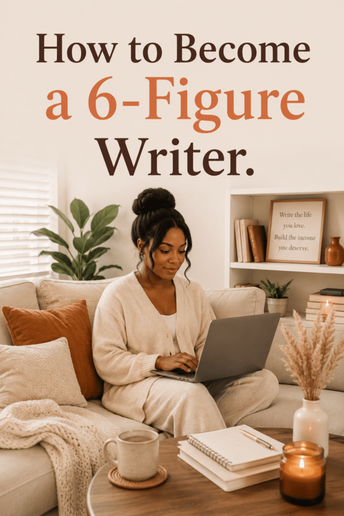Woman blogging from home at a kitchen table with a cute home office setup, showing how blogging helps you become a 6-figure writer