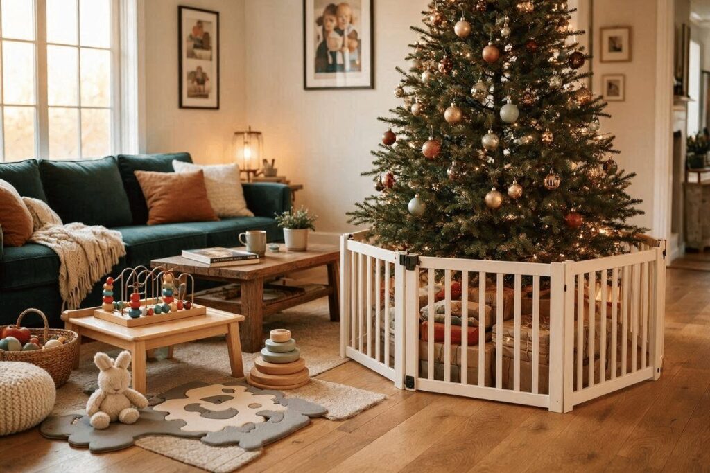 Christmas living room with toddler-friendly setup and safe decorations