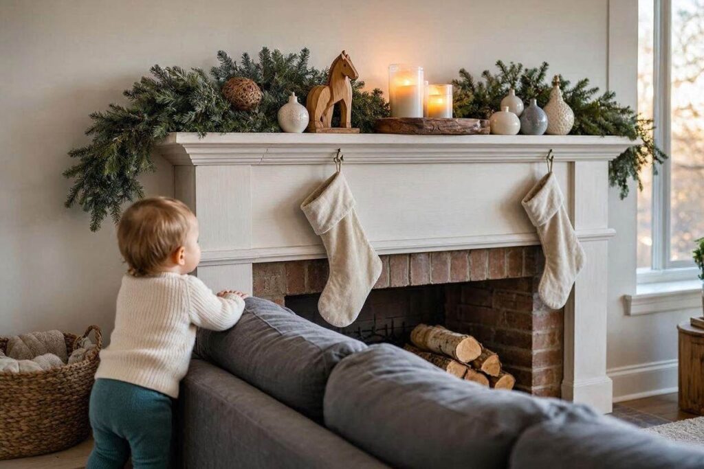 Christmas mantel decorations styled high and out of toddler reach