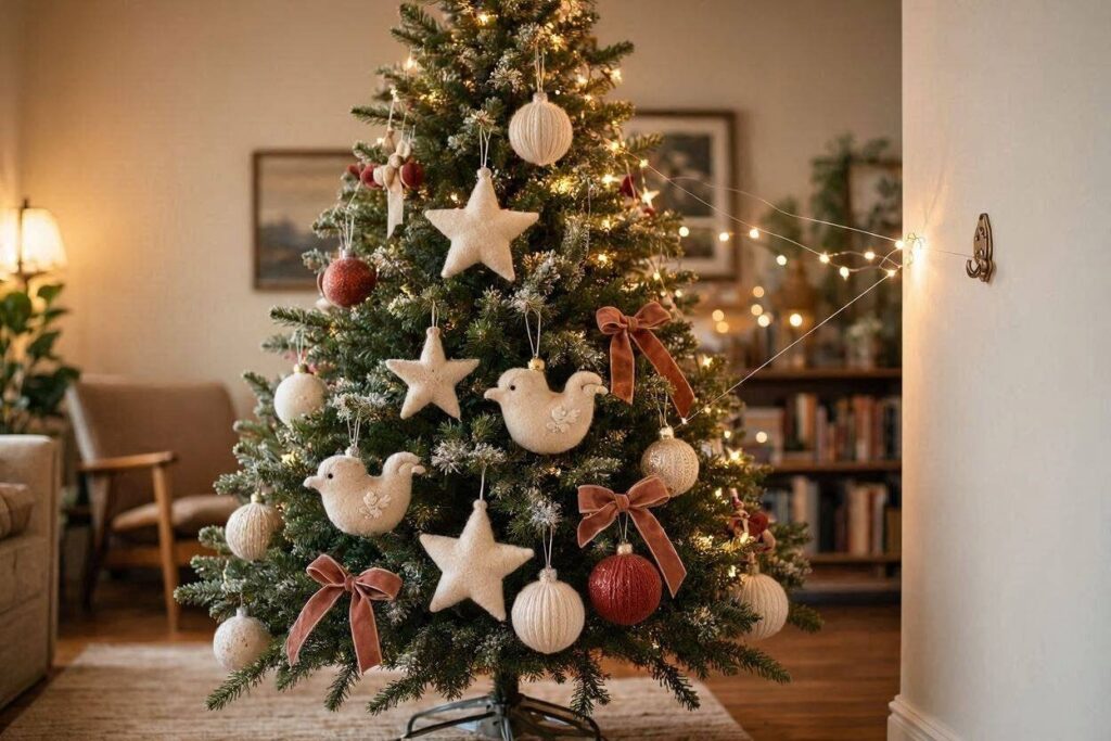 toddler-proof Christmas tree with soft ornaments on lower branches decorate for christmas