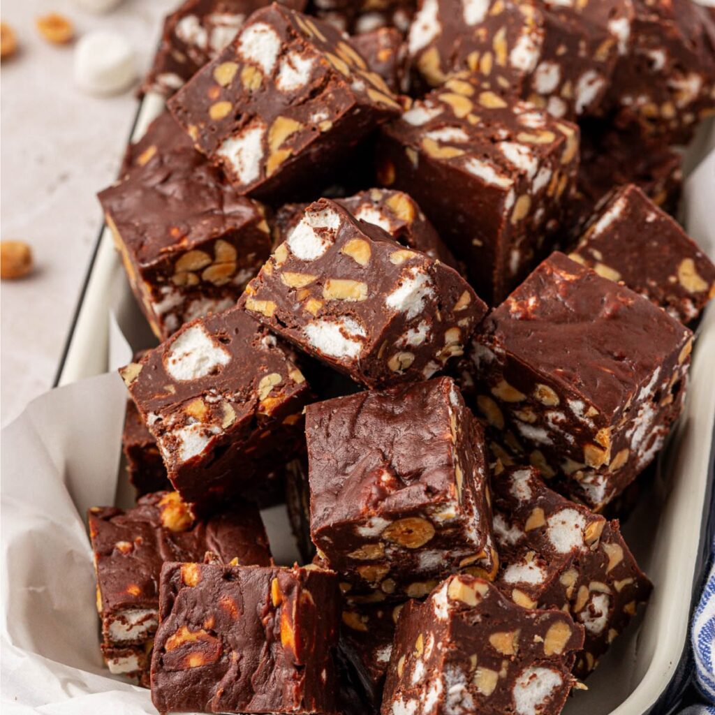 Homemade rocky road fudge squares with marshmallows as Christmas gift treats