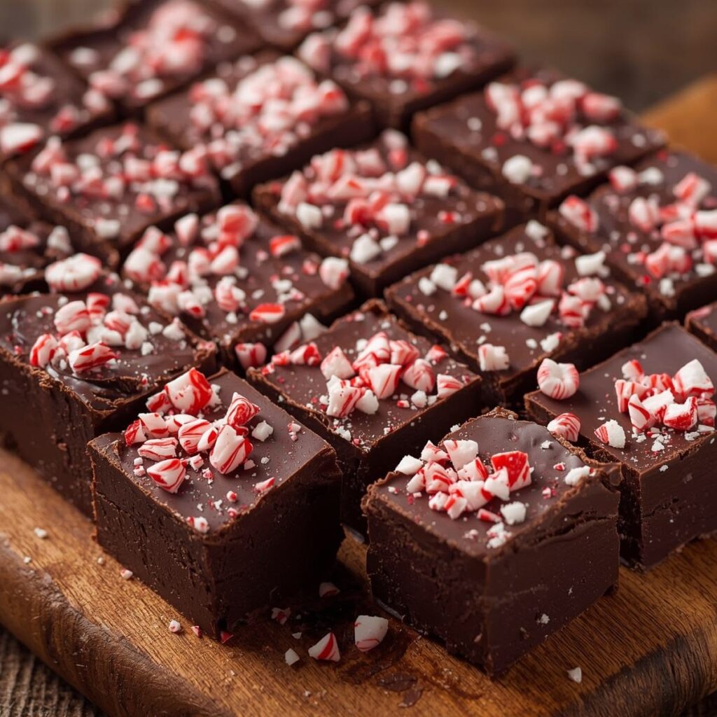 Homemade peppermint fudge with crushed candy canes for Christmas gifts