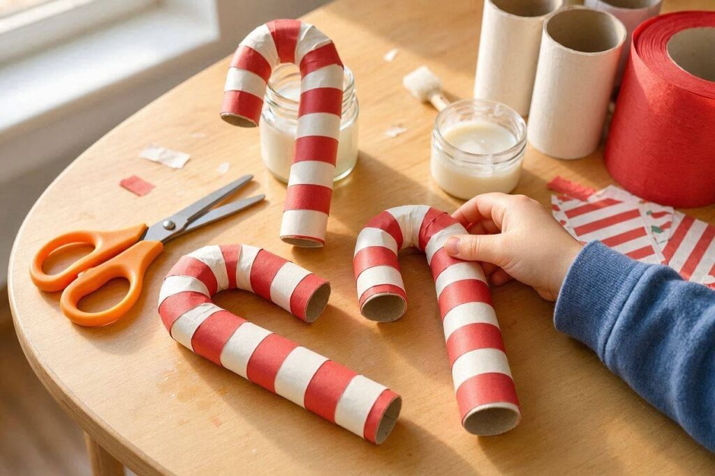 toilet paper roll candy cane craft for kids with striped paper