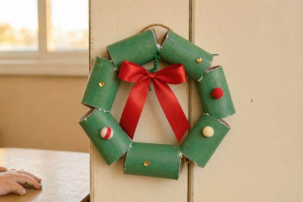 toilet paper roll christmas wreath craft for kids with red bow