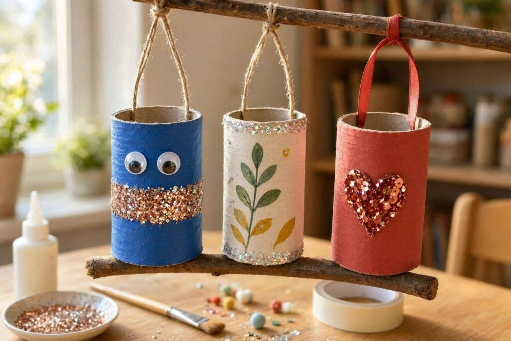 toilet paper roll ornament christmas craft for kids with glitter finish