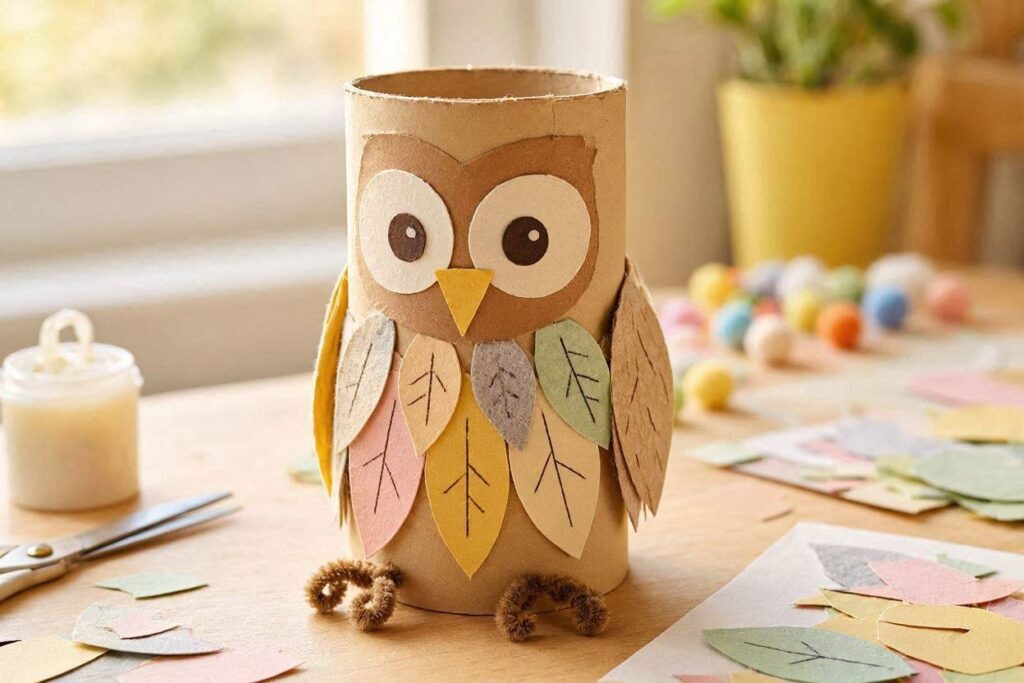 toilet paper roll christmas crafts owl craft for kids with feather details