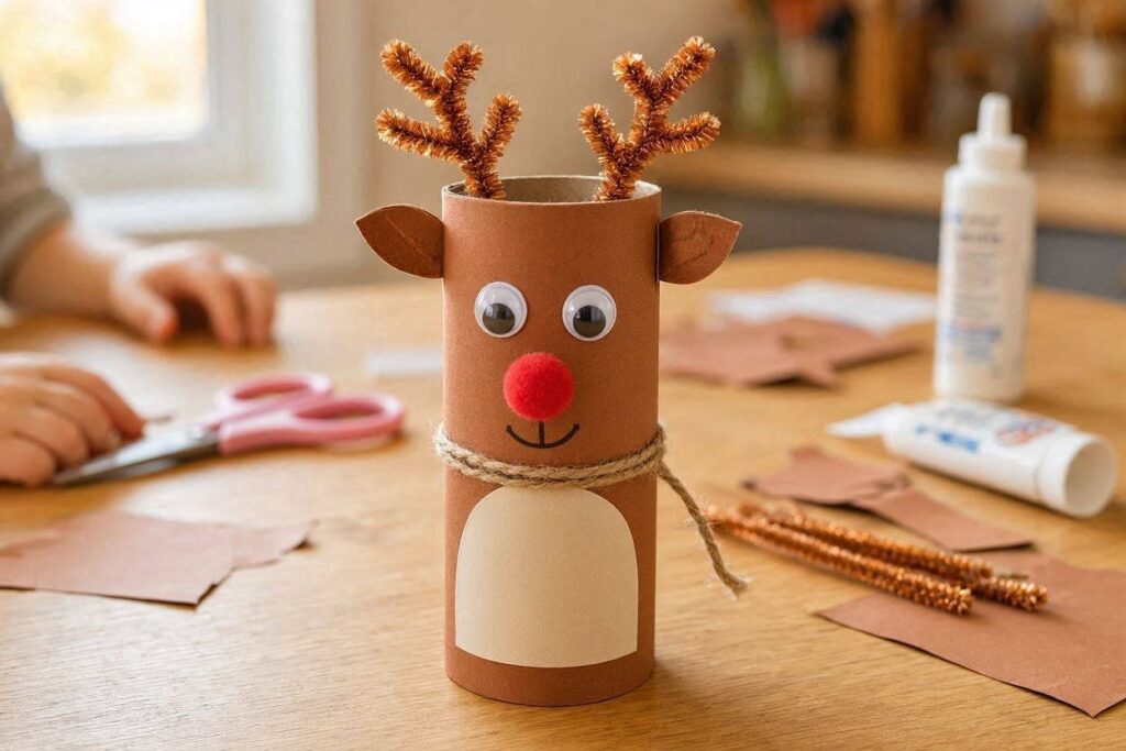 toilet paper roll reindeer craft for kids with pipe cleaner antlers