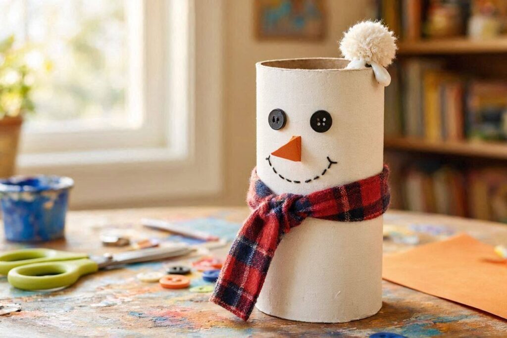 toilet paper roll snowman craft for kids with fabric scarf for christmas